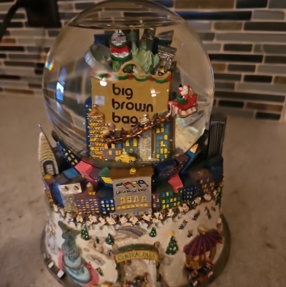 NYC Big Brown Bag Snow Globe with Colorful Cityscape MUSICAL